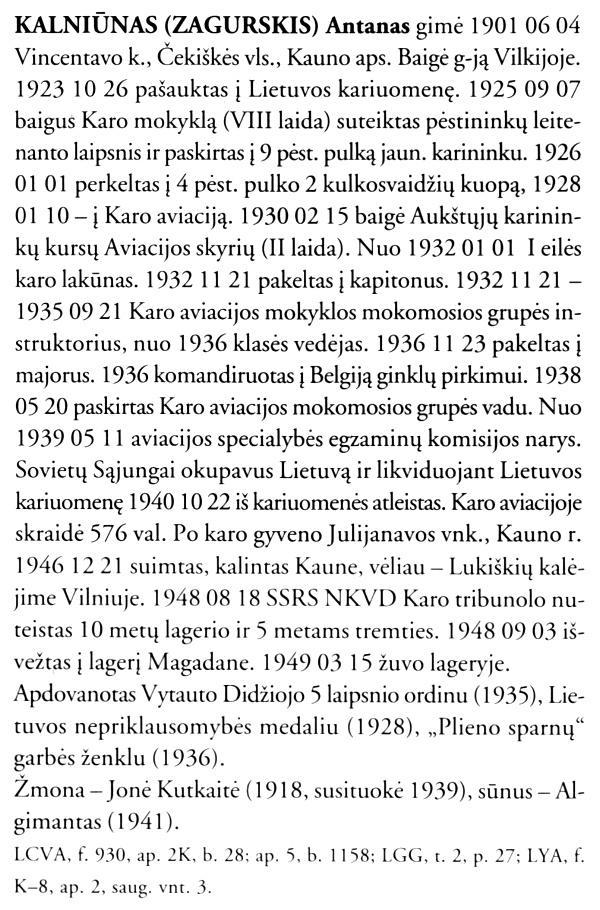 Antanas-Kalniūnas-Zagurskis „Lietuvos kariuomenės karininkai 1918–1953“, 4 t., 143 p.